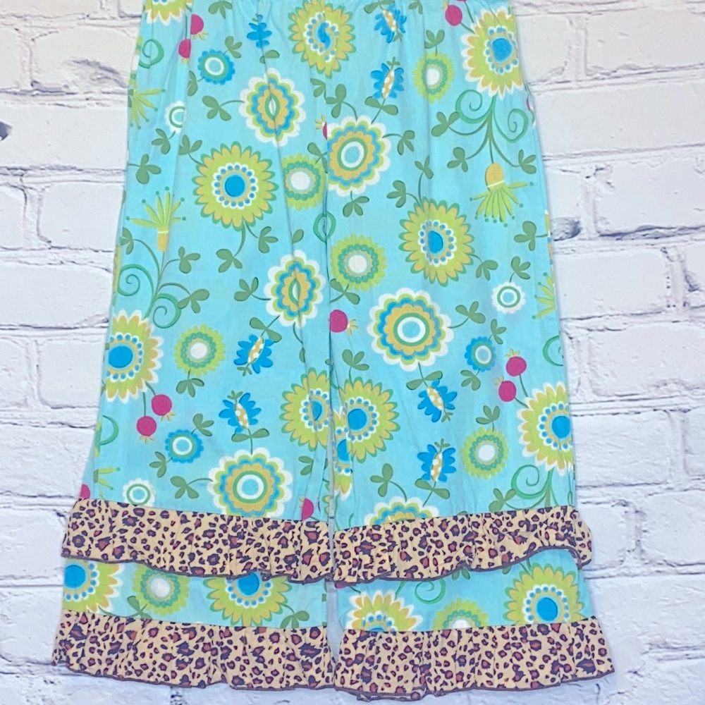 Ann Loren Blue Green Floral Girls Ruffle Bottom Pants Girl’s Size 6